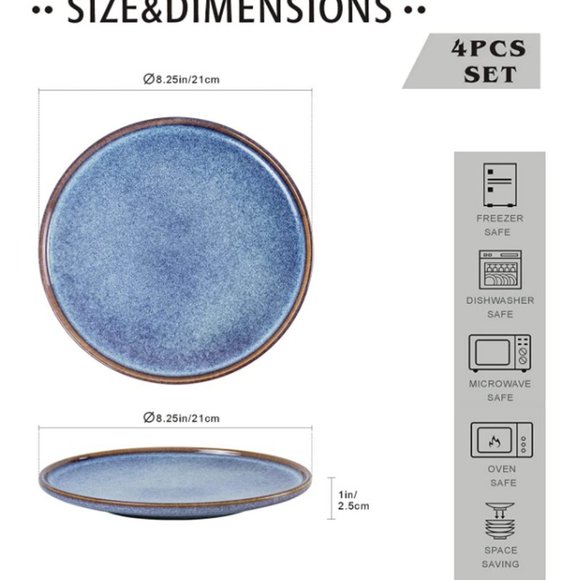 8.25" CERAMIC DESSERT/ SALAD PLATES - Set of 4 (Blue w/ Brown Rim) - Picture 2 of 9